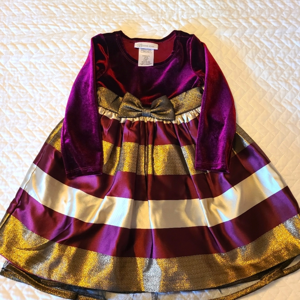 Toddler Girls Burgundy and Gold Striped Holiday Dress